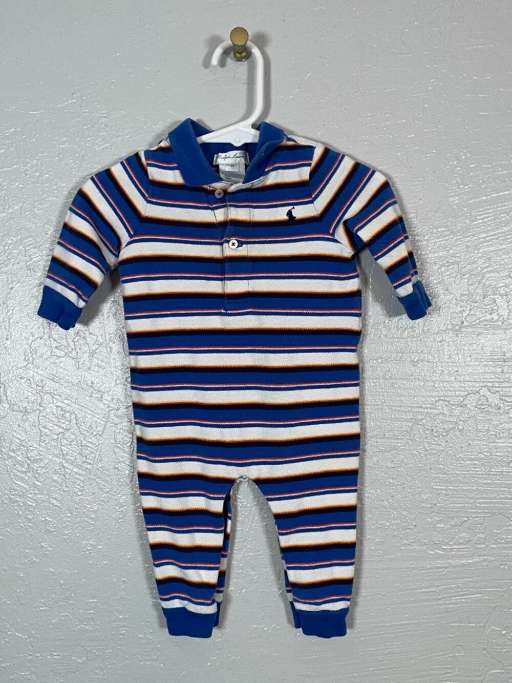 Ralph Lauren Baby 6M Blue White Red Stripe Polo Bodysuit Cotton Knit Long Sleeve